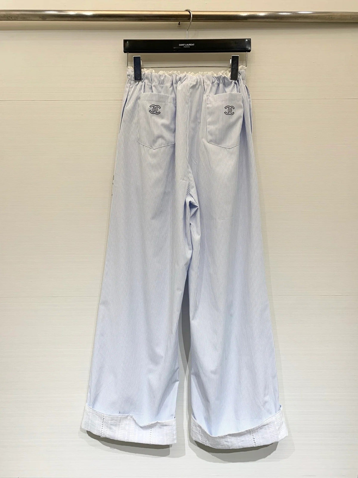 Chanel 2026 Striped Lace-trimmed Trouser Light Blue Cotton