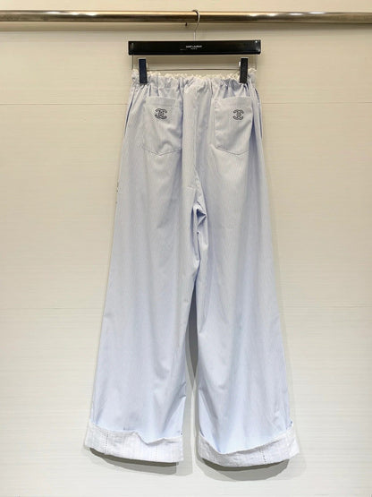 Chanel 2026 Striped Lace-trimmed Trouser Light Blue Cotton
