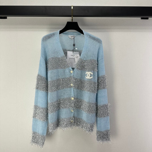 CC 26C Knit Long-Sleeve Cardigan Blue Grey Stripes Wool Acrylic Nylon 349042