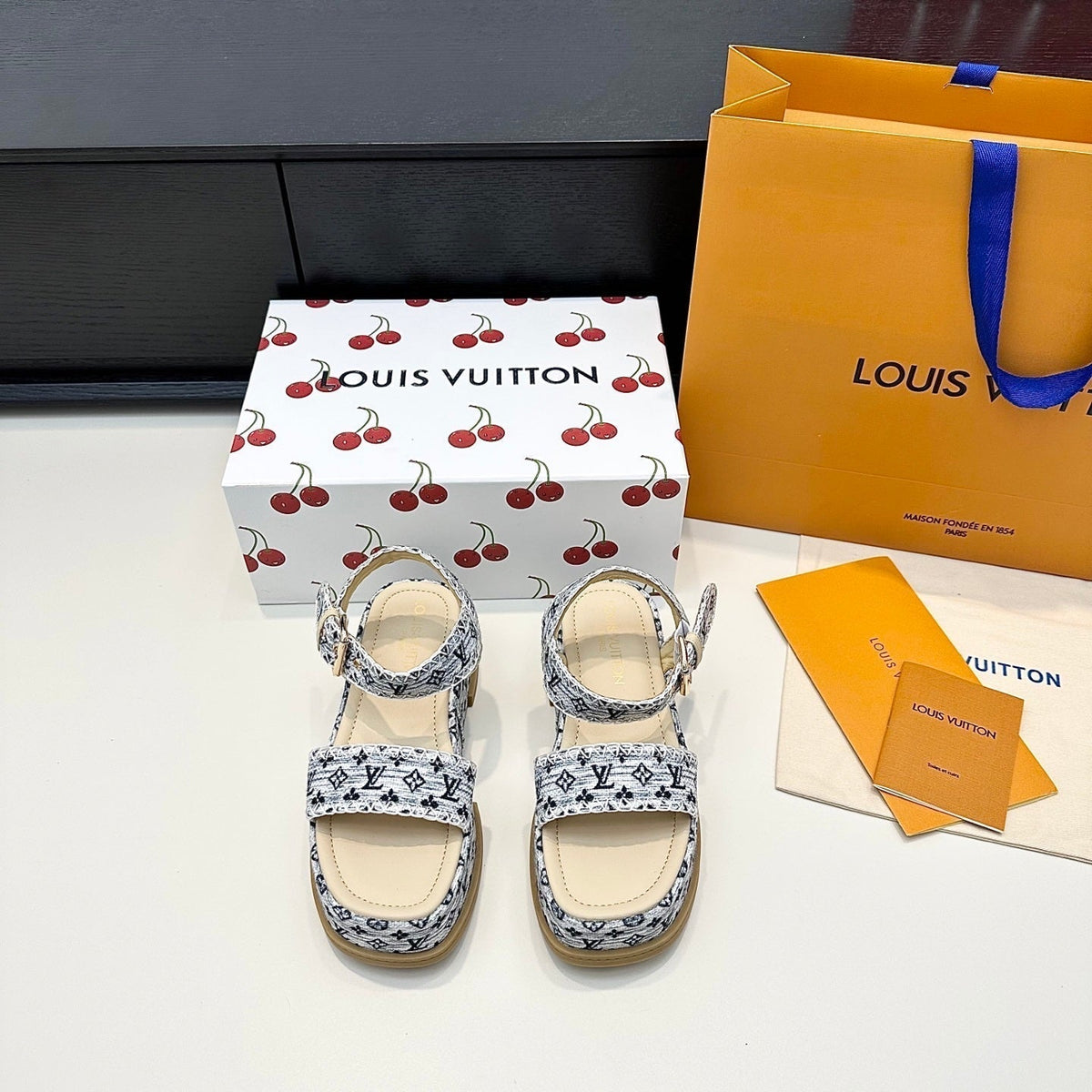 LV Maya Platform Sandals 6cm Grey Denim Beige Cowhide 572499