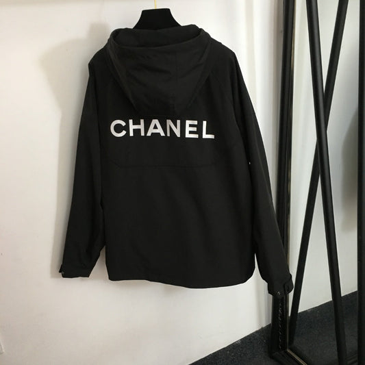 CC Logo Letter Print Zipper Pocket Long Sleeve Hooded Windbreaker Jacket