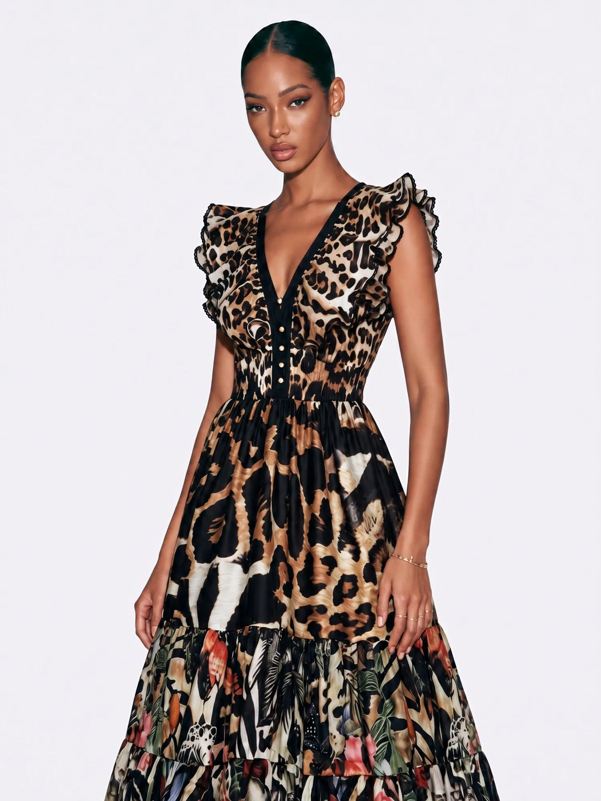 Zoey Leopard Floral Flare Midi Dress