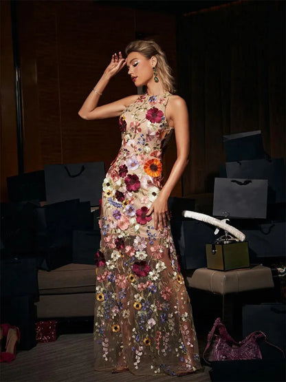 Saige Sleeveless Mesh Flower Maxi Dress In Blush