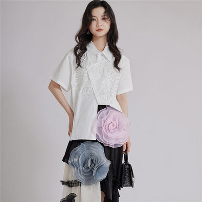 Heavy Duty Embroidered Asymmetric Lapel Short Sleeve Shirt