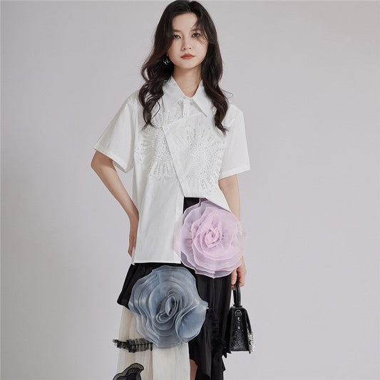 Heavy Duty Embroidered Asymmetric Lapel Short Sleeve Shirt