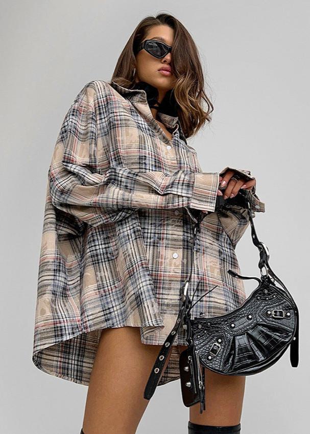 Loose Distressed Plaid Shirt In Grey Cotton