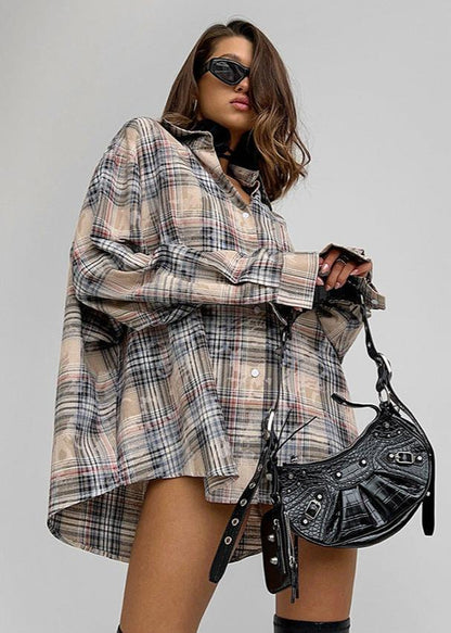 Loose Distressed Plaid Shirt In Grey Cotton