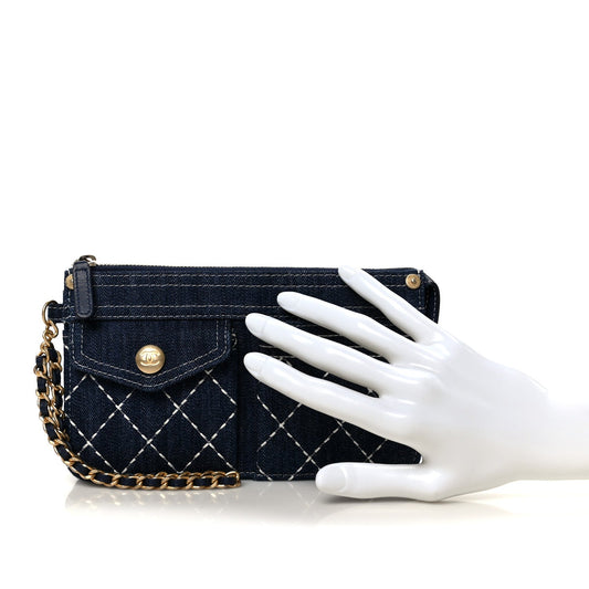 Denim Quilted Zipped Wristlet Clutch Blue