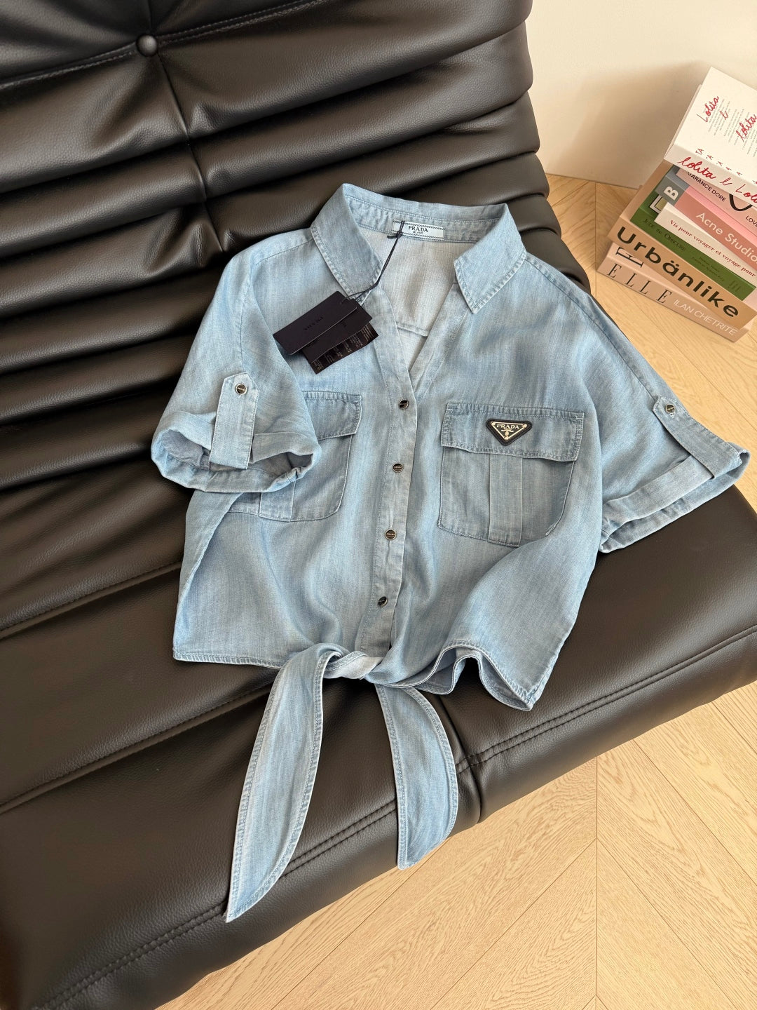 Prada Denim Bow Tie Shirt Light Blue Cotton