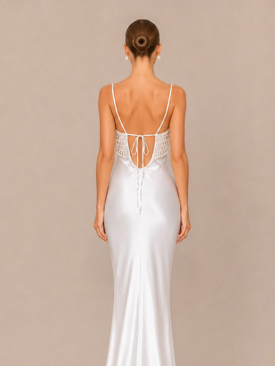Nala Elegant Pearl Satin Maxi Dress