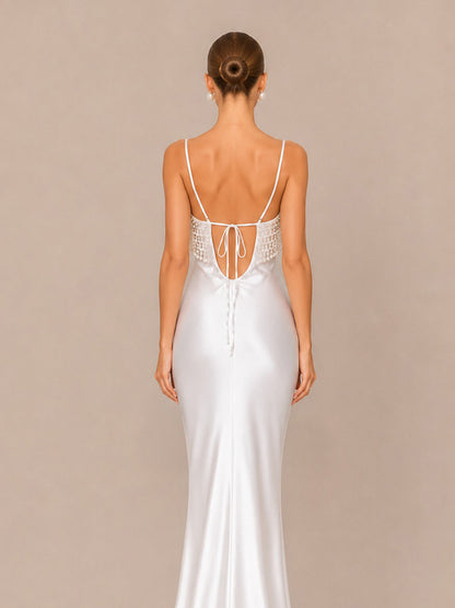 Nala Elegant Pearl Satin Maxi Dress