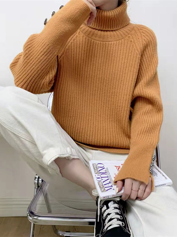 Casual Loose Long Sleeves Solid Color High-Neck Sweater Tops