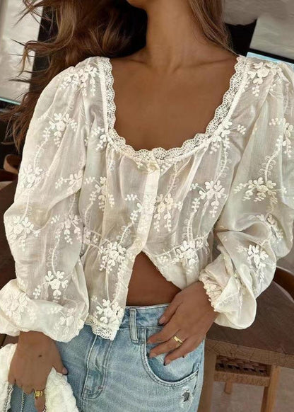 Embroidered Lace Peplum Blouse Lightweight White
