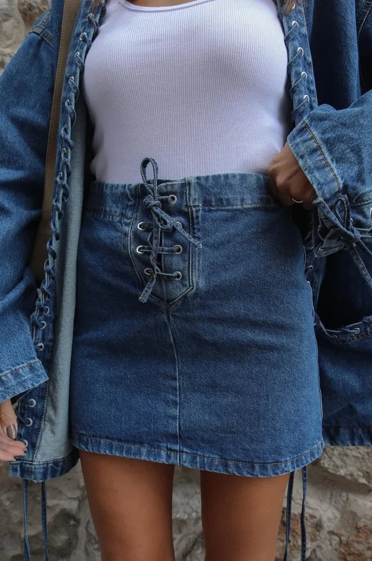 Maren Lace Up Denim Two Piece In Blue