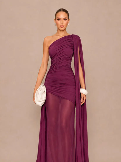 Isla One-Shoulder Cape Maxi Dress with Mesh Paneling