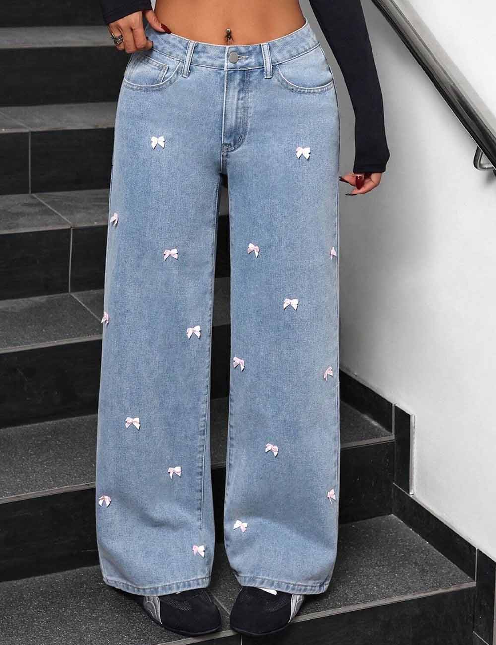 Elegant Bow High Waist Wide Leg Jeans