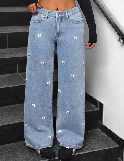 Elegant Bow High Waist Wide Leg Jeans