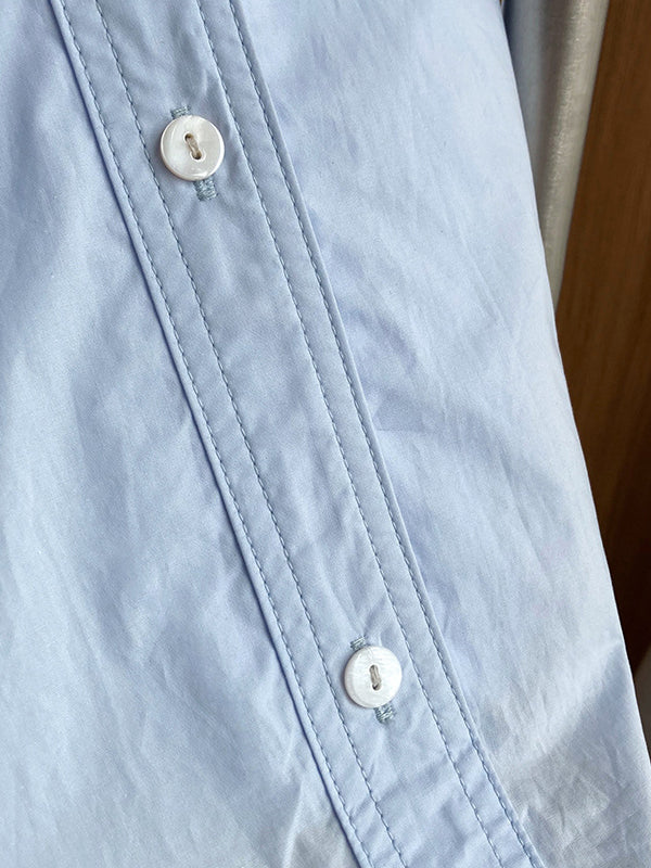 Long Sleeves Loose Buttoned Solid Color Split-Joint V-Neck Blouses&Shirts Tops