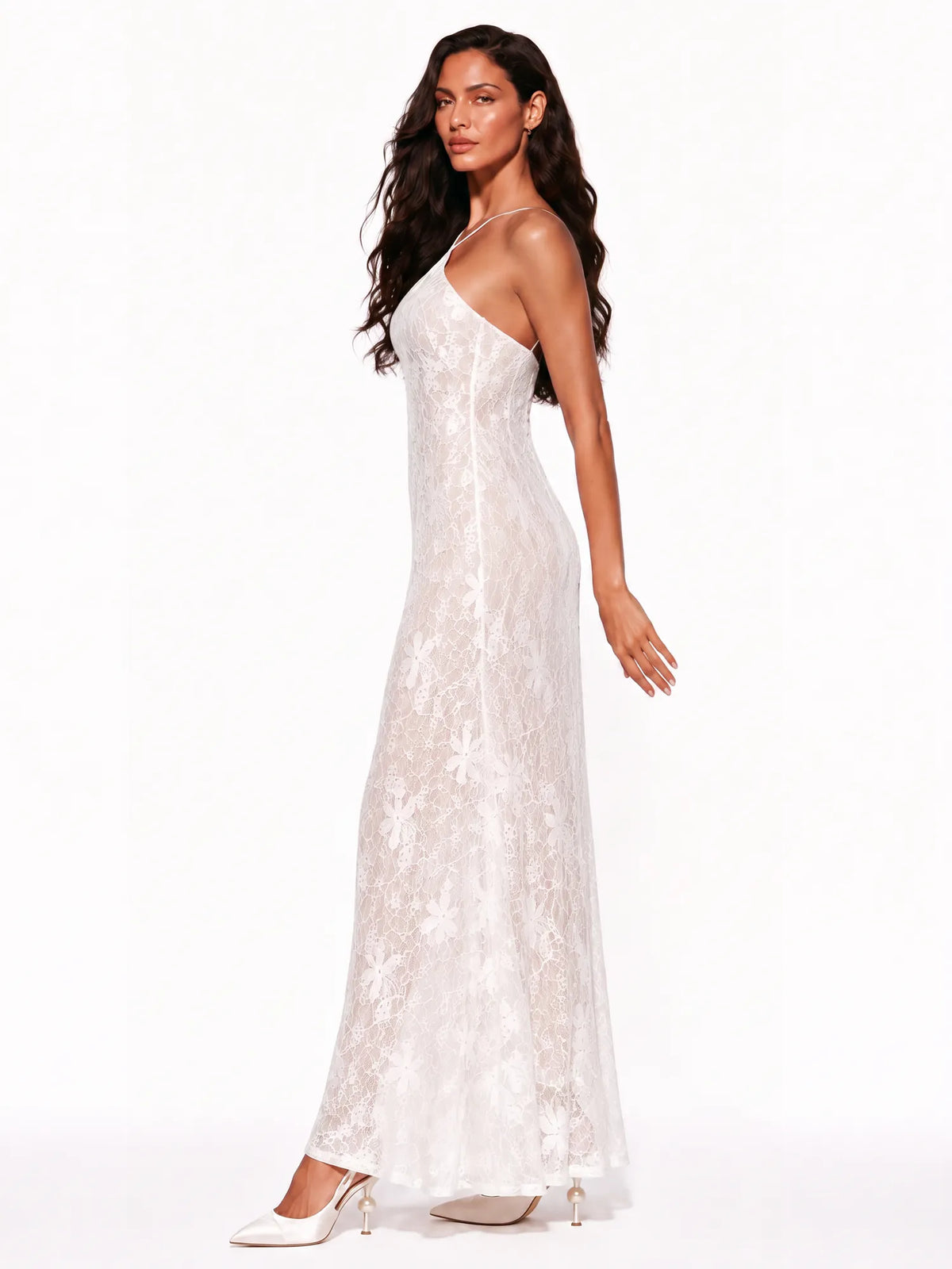 Clara Halter-Neck Lace Slip Maxi Dress