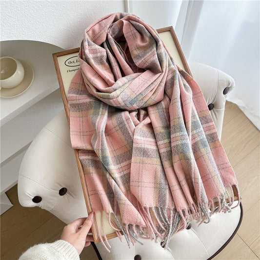 Color Block Plaid Fringe Scarf