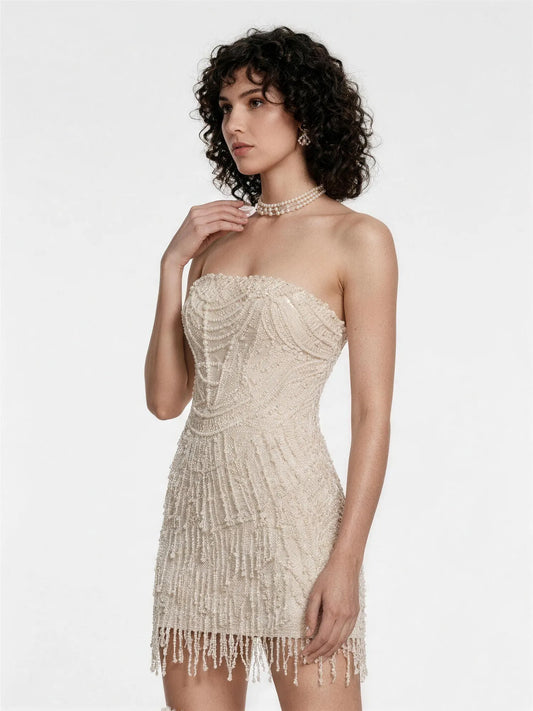 Romina Pearl-Beaded Strapless Mini Dress