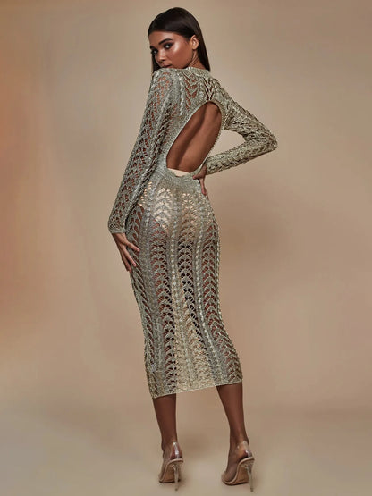 Aurelia Crochet Plunge Midi Dress