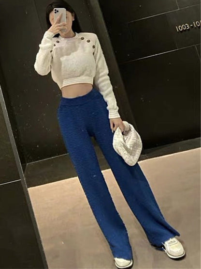 Stylish Wide Leg Loose Elastic Waist Solid Color Pants