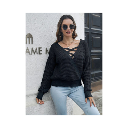 Casual Long Sleeves Loose Solid Color V-Neck Sweater Tops