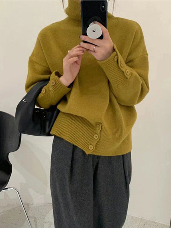 Simple Loose Long Sleeves Solid Color High-Neck Sweater Tops