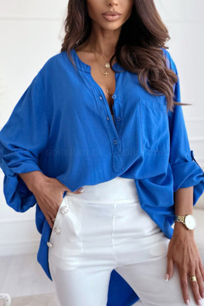 V Neck Button Roll Sleeve Patch Pocket Loose Straight Long Sleeve Shirt