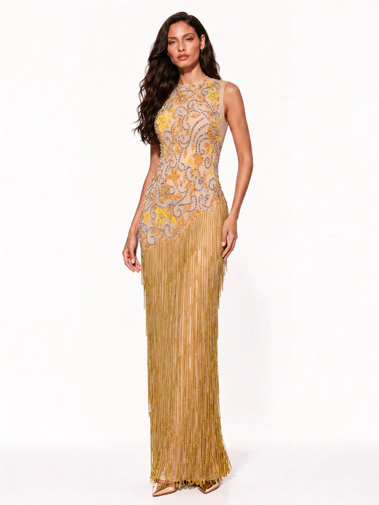 Octavia Rhinestone-Embellished Fringe Maxi Dress
