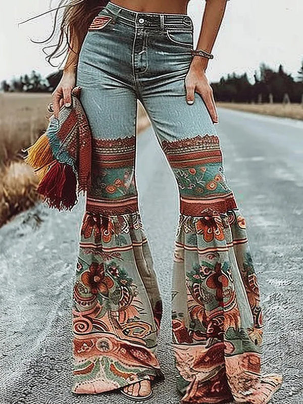 Flared Pants Floral Printed High-Waisted Pockets Jean Pants Bottoms