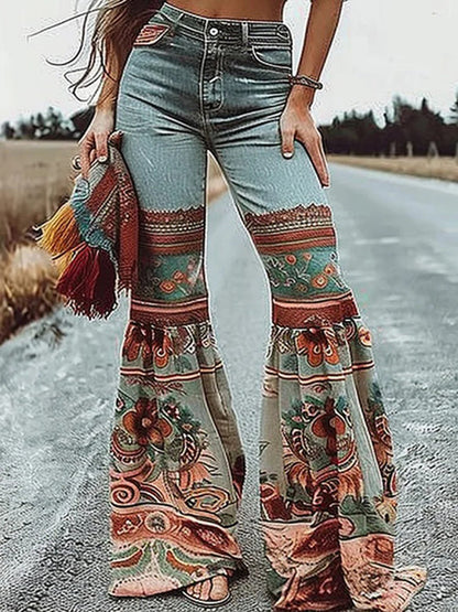 Flared Pants Floral Printed High-Waisted Pockets Jean Pants Bottoms