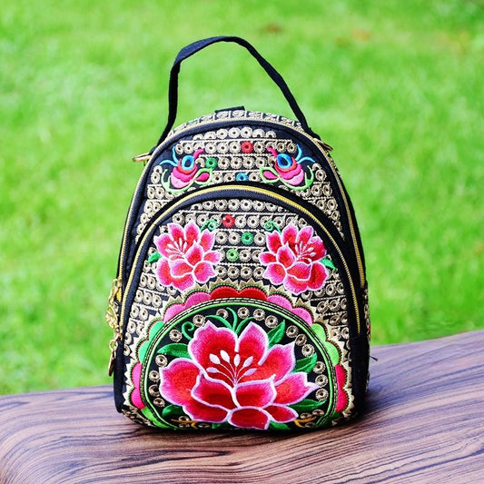 New National Style Multi-Function Diagonal Single Shoulder Portable Double Shoulder Canvas Embroidery Flower Bag
