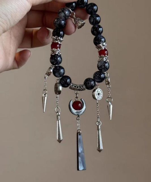 Boutique  Black Sterling Silver Crystal Gem Stone Tassel Charm Bracelet