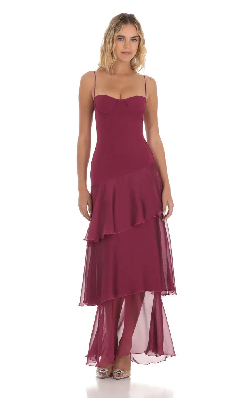 Long Ruffle Maxi Dress In Yellow
