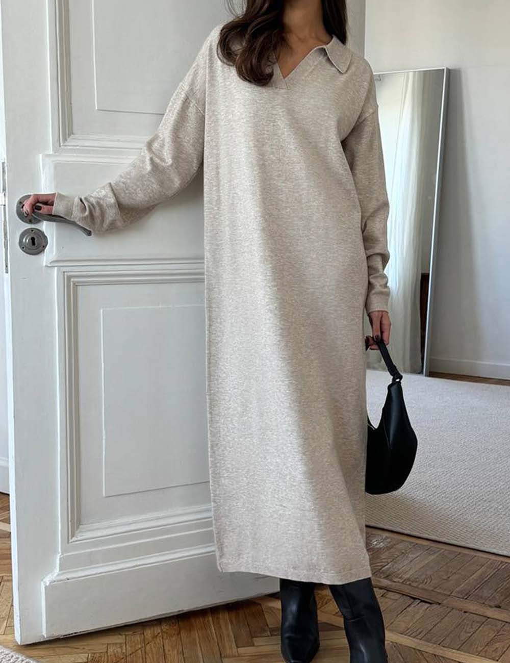 Fall Polo Collar Long Sleeve Maxi Dress