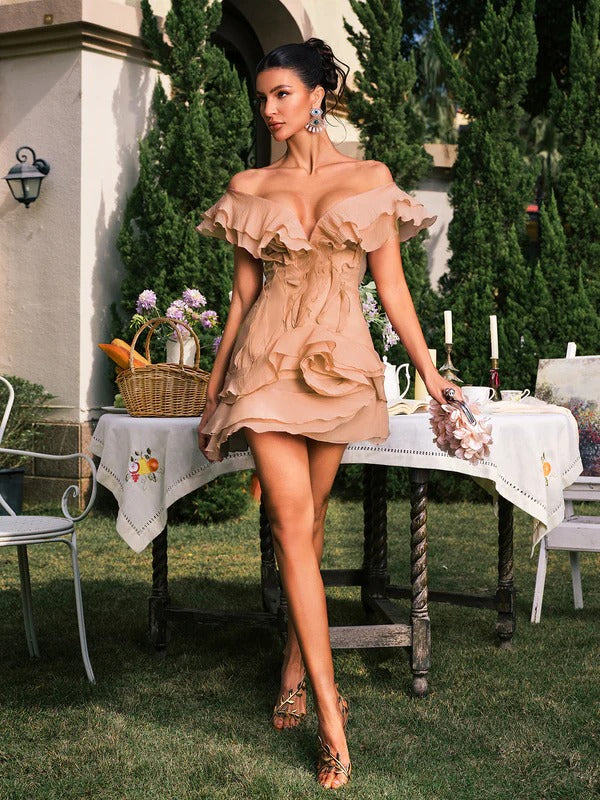 Dabney V Neck Ruffle Mini Dress In Apricot