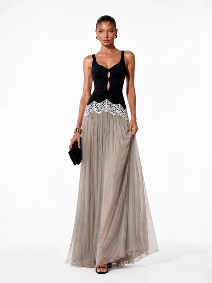 Stella Pleated Tulle-Panel Maxi Dress
