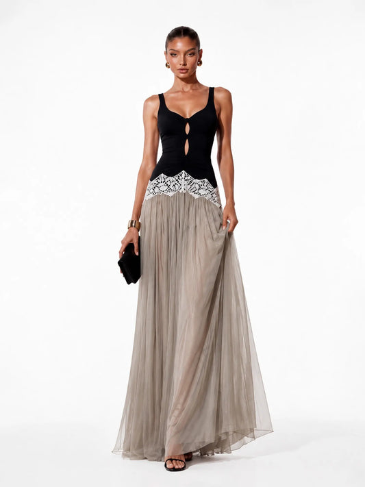 Stella Pleated Tulle-Panel Maxi Dress
