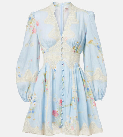 LONG-SLEEVE BLUE FLORAL DRESS