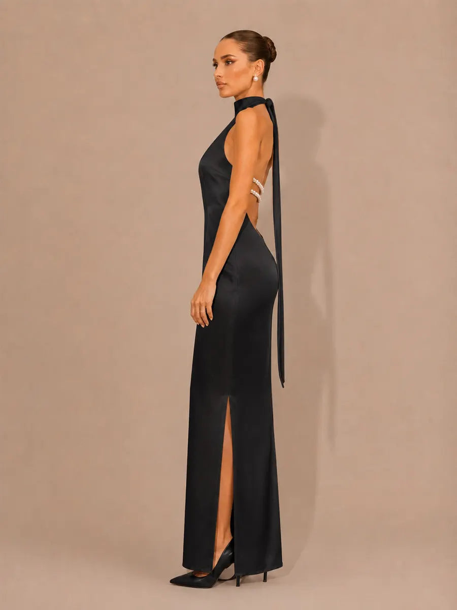 Selene Halter-Neck Beaded-Back Maxi Dress