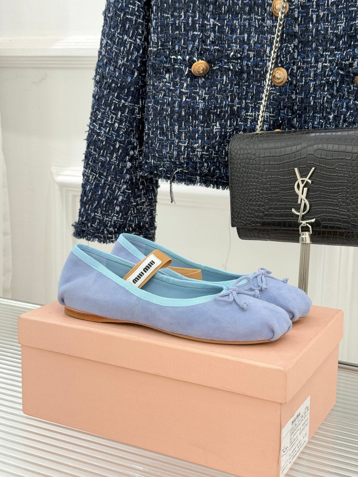 Miu Classic Bow Letter Ballet Flat French Sky Blue Suede