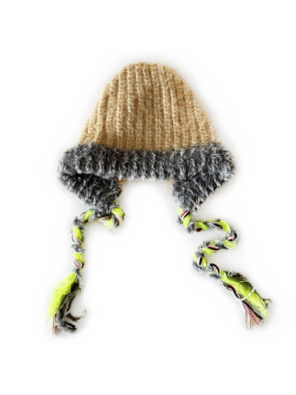 Haila - Winter Color Block Knitted Beanie with Tassel Braids