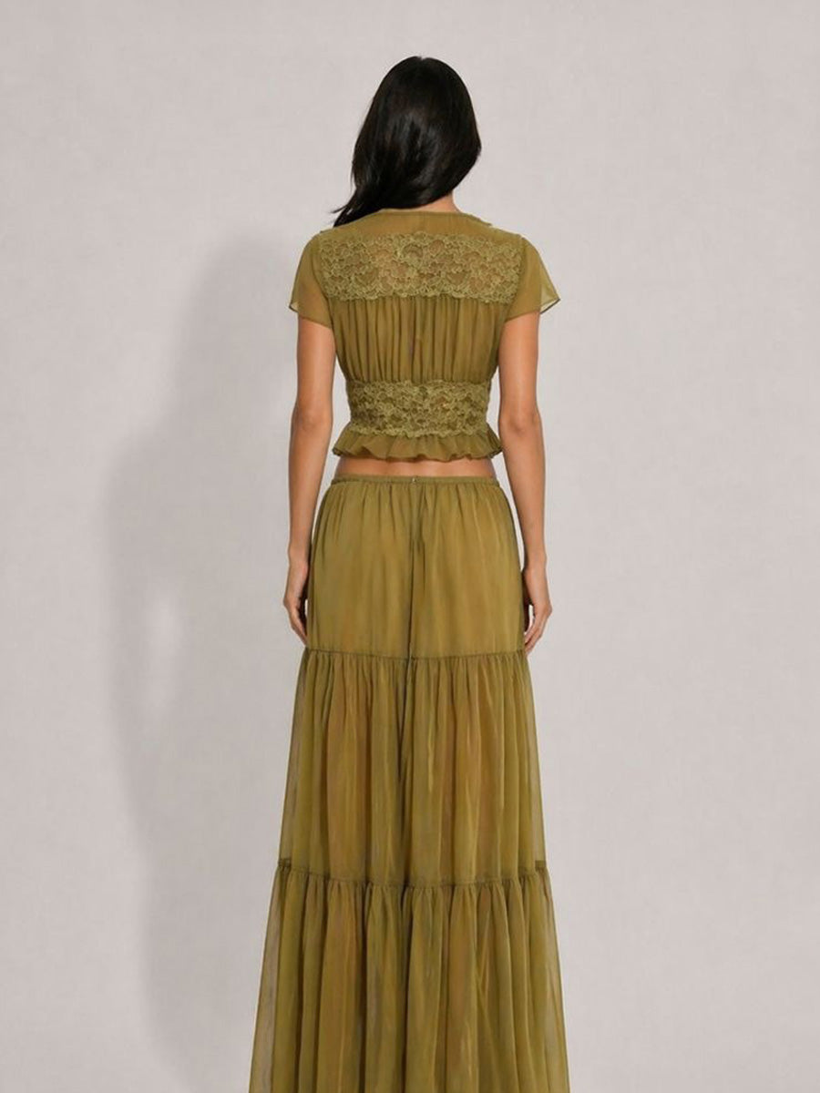 Mariana Mesh & Lace Deep V-Neck Maxi Skirt Set with Ruffles