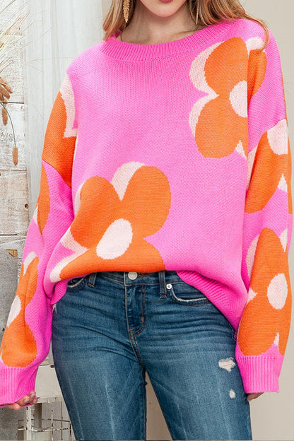 Pink \u0026 Orange Floral Cable Knitted Sweater