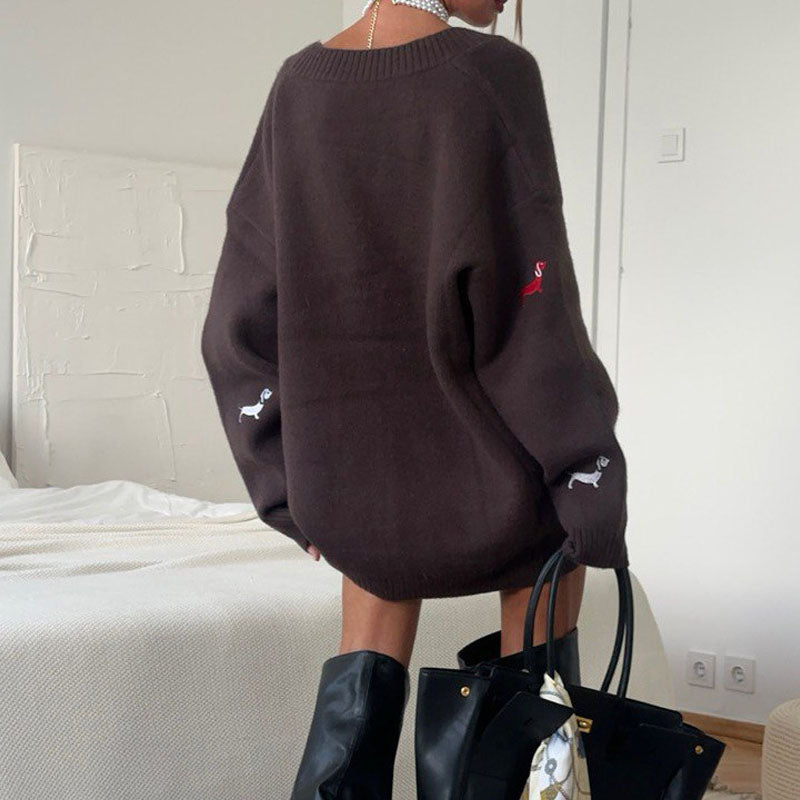 Cute Animal Embroidery V-Neck Oversized Cardigan