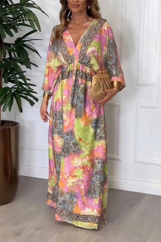 Summer Bold Floral Print Elastic Waist Backless Slit Casual Maxi Dress