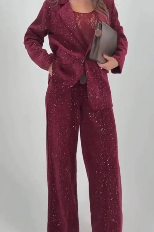 Women Collar Flash Jacket+ Pants Temperament Commuting Suit