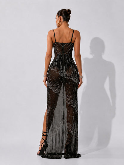 Tatiana Rhinestone-Embellished Slit Bodycon Maxi Dress